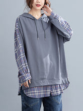 Women Retro Plaid Stitching Loose Hooded Sweatshirt